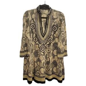Key Lime & Pink Women's Tunic Blouse Sz Large Boho Funky Tan Black Mirrored